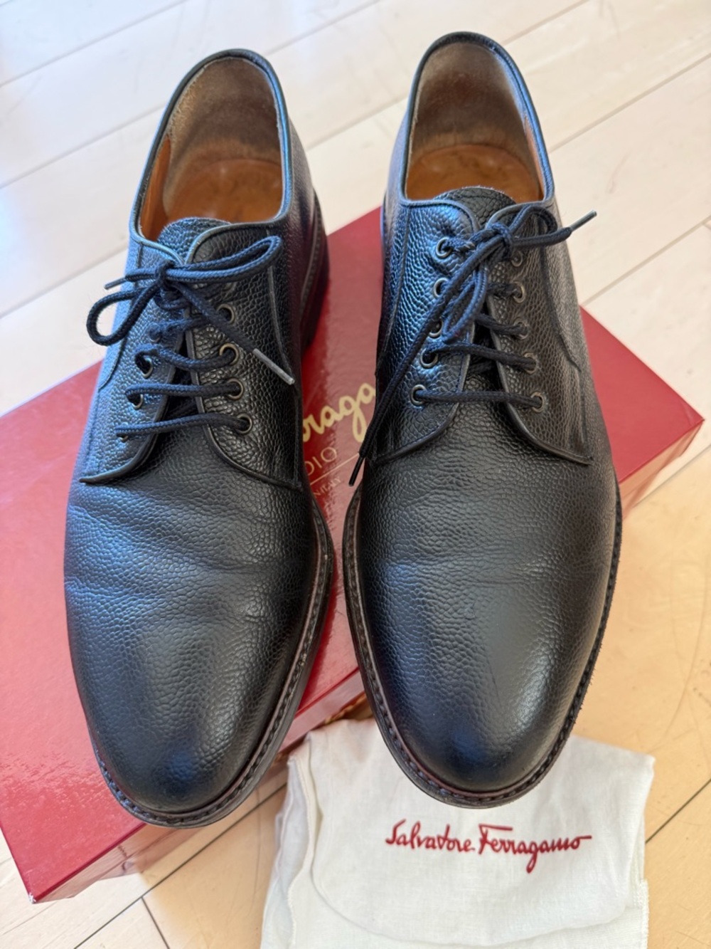 Salvatore Ferragamo Black Pebble Calf Leather Shoes - Men's size 10 D